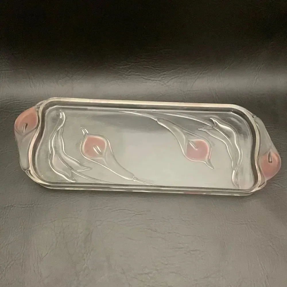 Serving Tray Glass Pink Clear Raised Tulip Embossed Bottom Appetizer Vanity